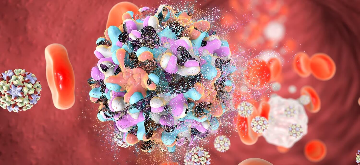Illustration of a virus particle breaking apart among blood cells.